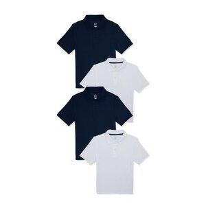 Boys School Uniform Polo Shirts with Short Sleeves, White/Navy  4-Pack